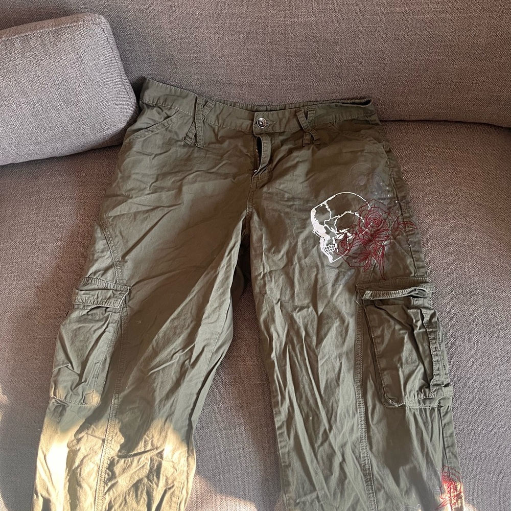 Hot Topic Olive Green Straight Leg Pants with Skull Design